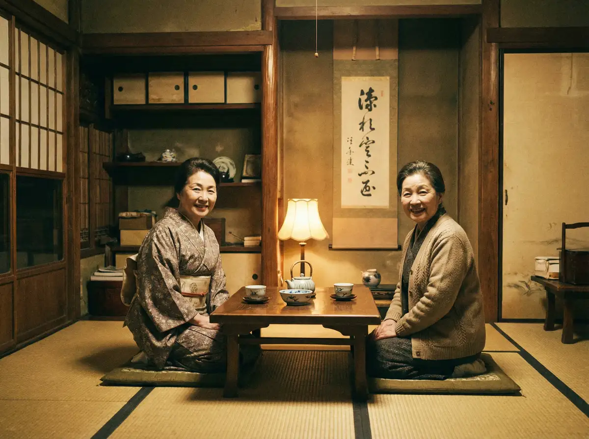 两位优雅的 九色吃瓜 在日式茶室中品茶交谈